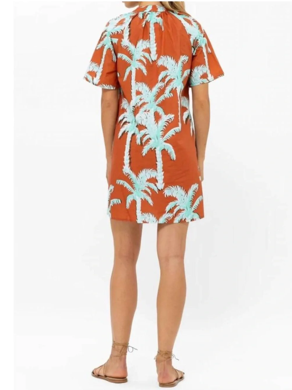 Oliphant pocket mini dress puff sleeves in Cartagena brown palm trees - Picture 2 of 13